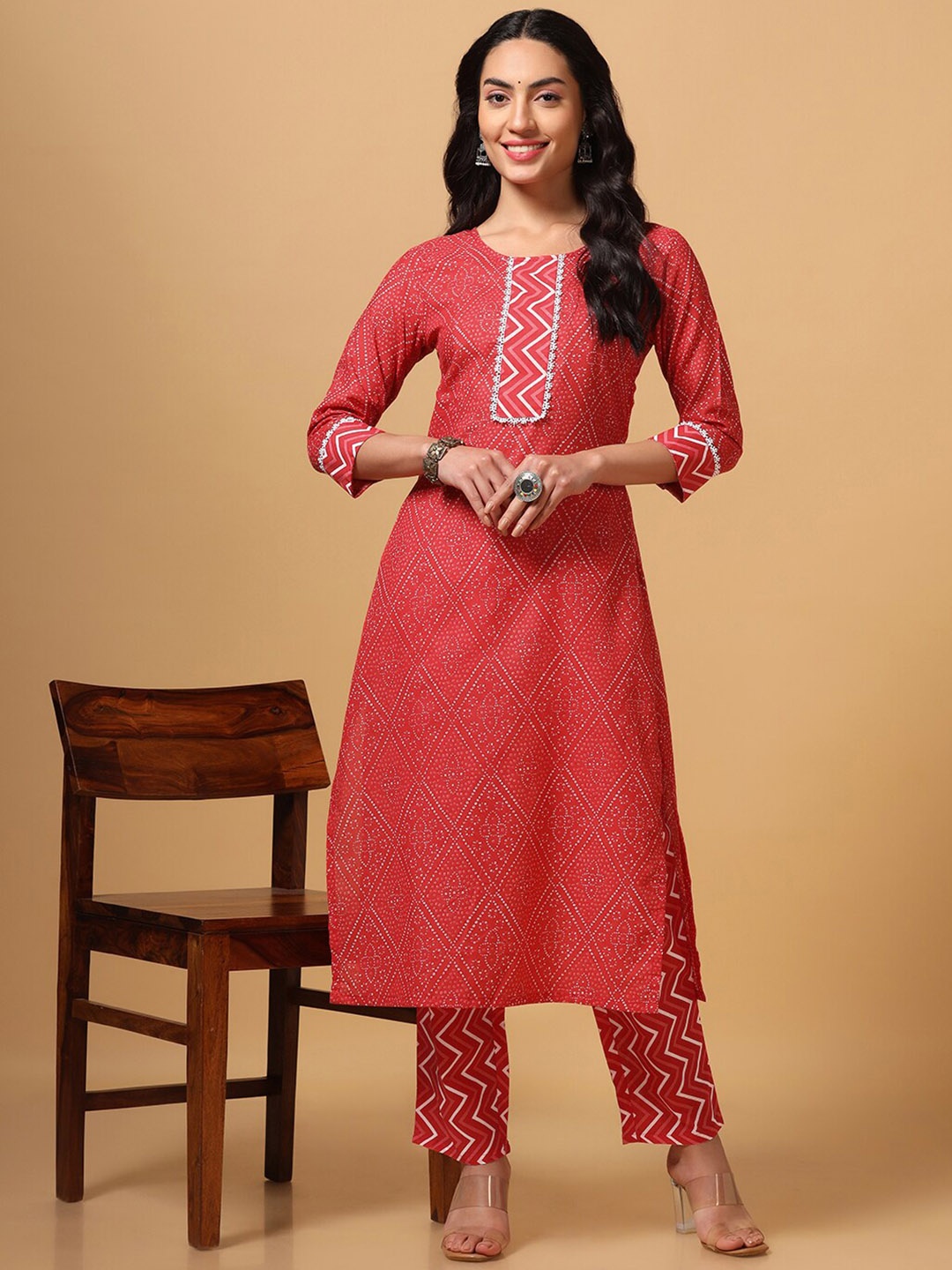 

FASHION DREAM Bandhani Lace Detail Printed Kurta with Trousers, Red