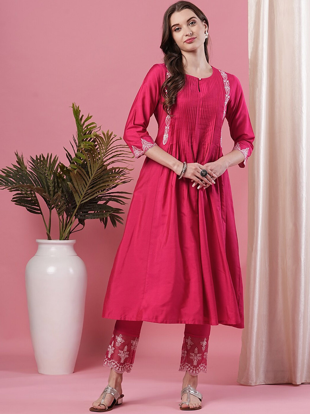 

Globus Embroidered & Pleated Yoke Calf Length A-Line Kurta with Trousers, Pink