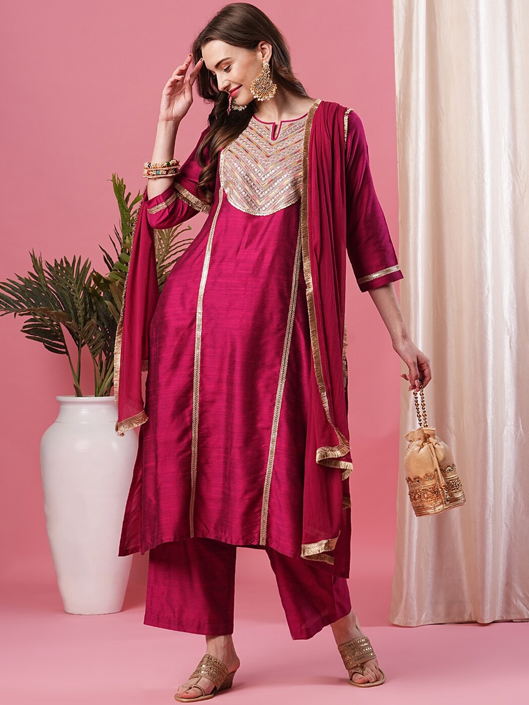 

Globus Magenta Women Ethnic Motifs Embroidered Panelled Kurta with Trousers & Dupatta