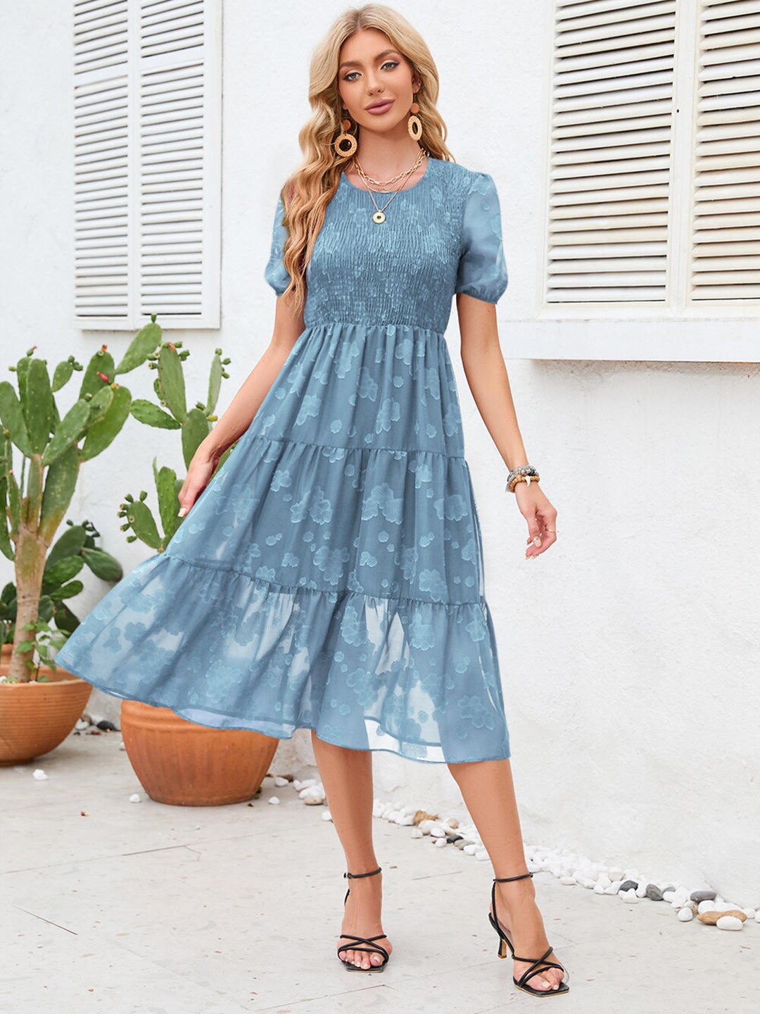 

StyleCast Floral Print Puff Sleeves Midi Fit and Flare Dress, Blue