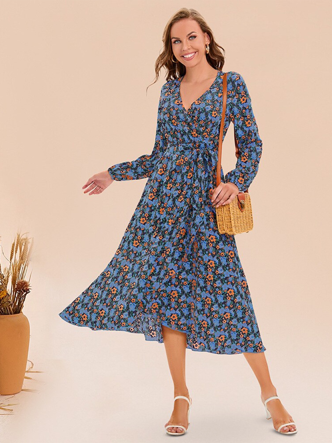 

StyleCast Blue Floral Printed V-Neck Tie Up Wrap Dress, Navy blue