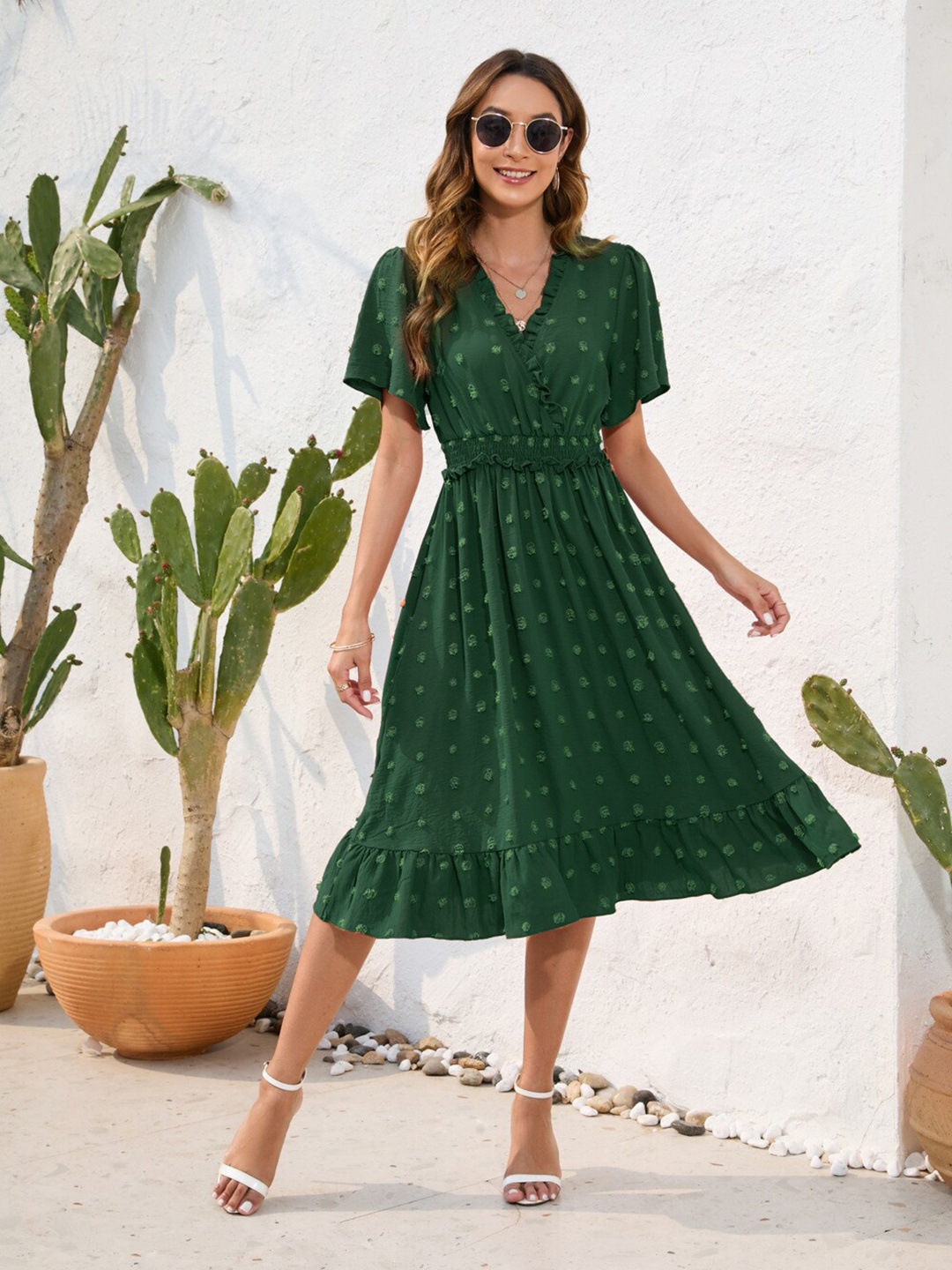 

StyleCast Self Designed V-Neck Cotton A-Line Dress, Green