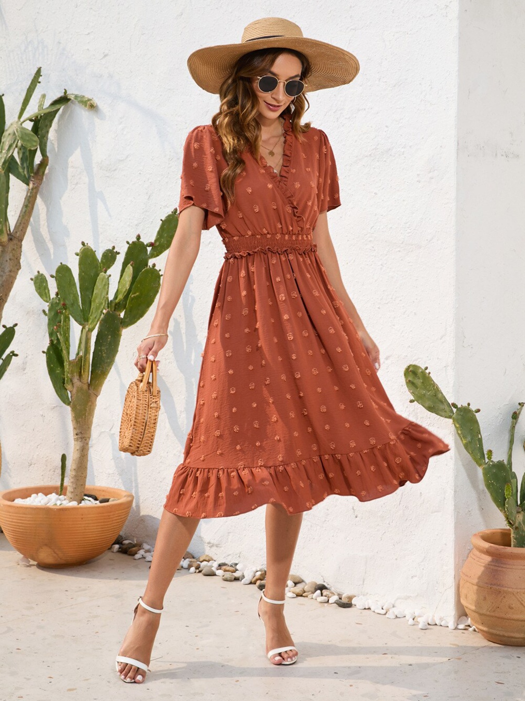 

StyleCast Brown Self Design Flared Sleeve Cotton Fit & Flare Dress