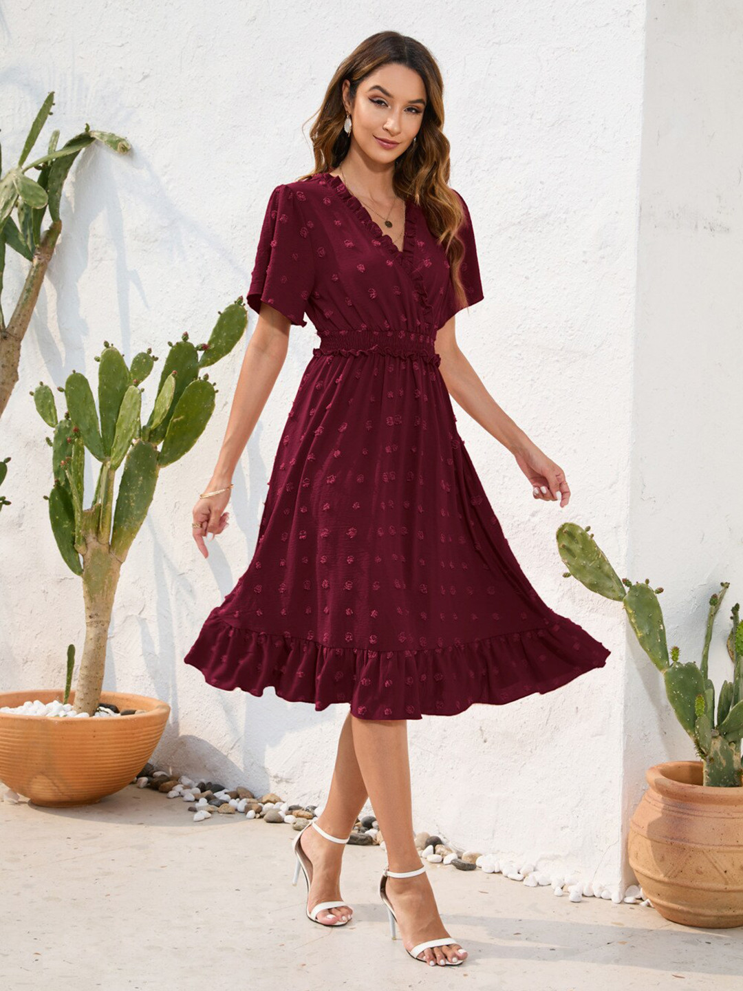 

StyleCast Magenta Self Design V-Neck Fit & Flare Cotton Dress