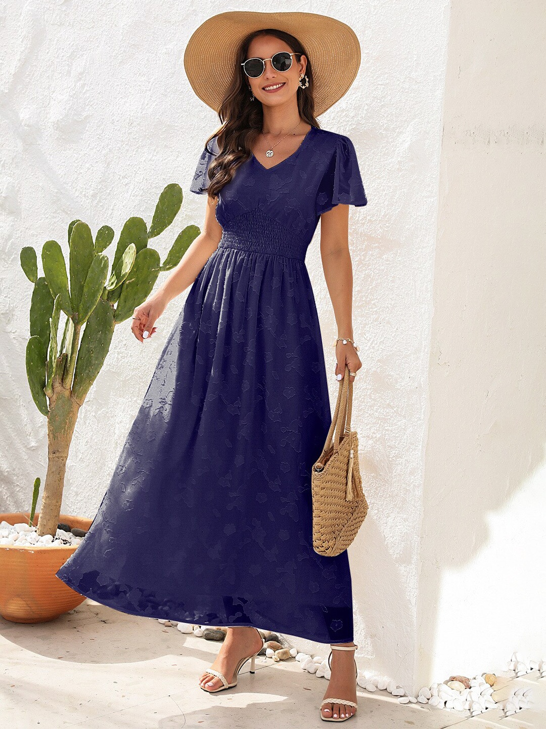 

StyleCast Navy Blue Self Design V-Neck Flared Sleeve Smocked Maxi Dress