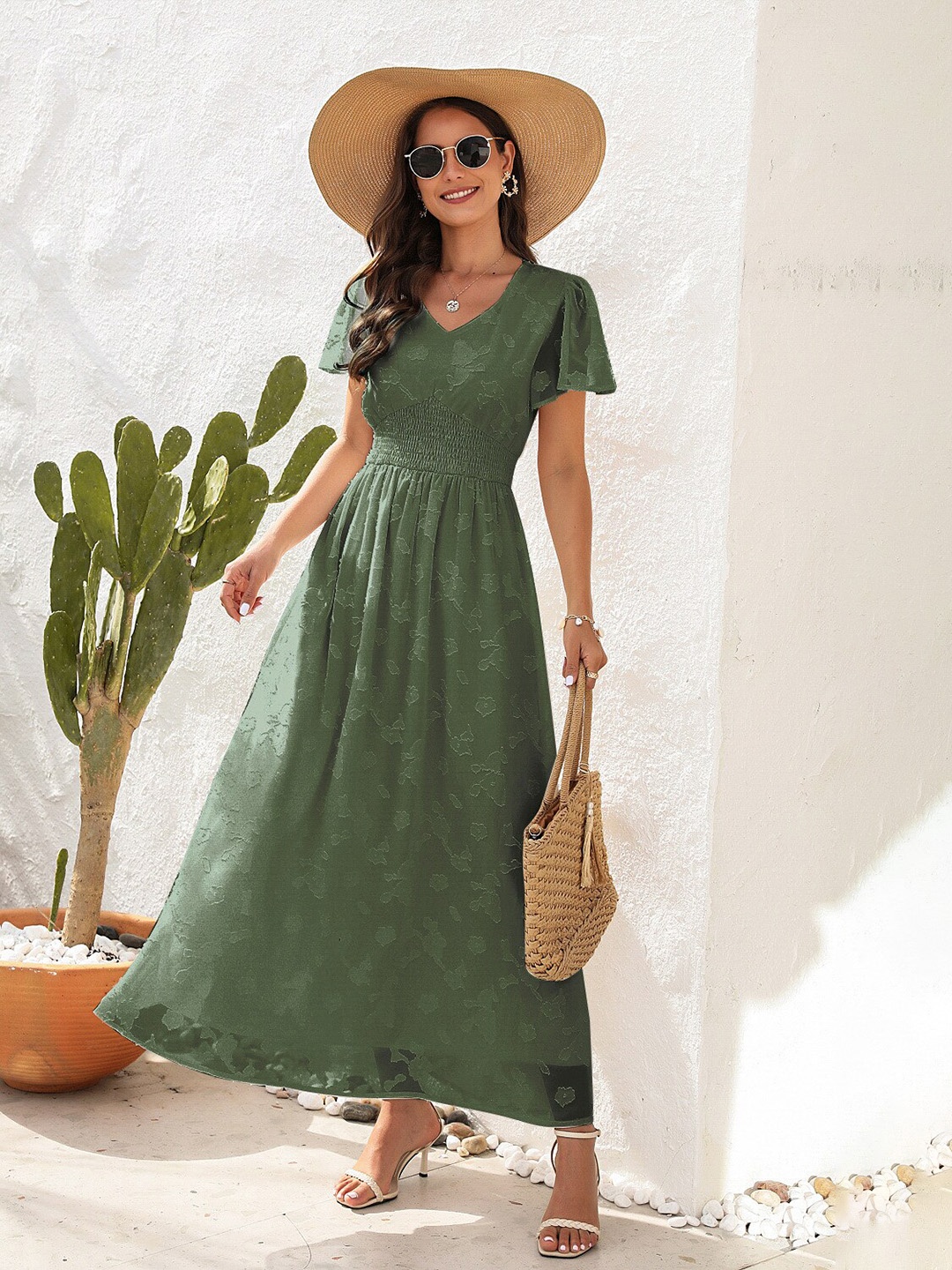 

StyleCast Olive Green Self Design V-Neck Flared Sleeves Gathered Maxi Dress