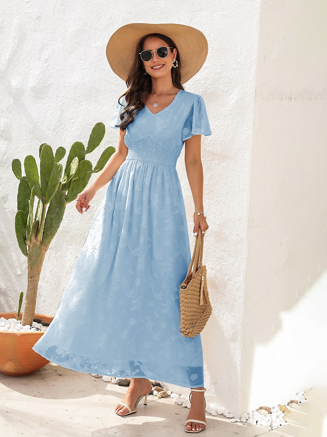 

StyleCast Blue Floral Self Design V-Neck Smocked Maxi Dress