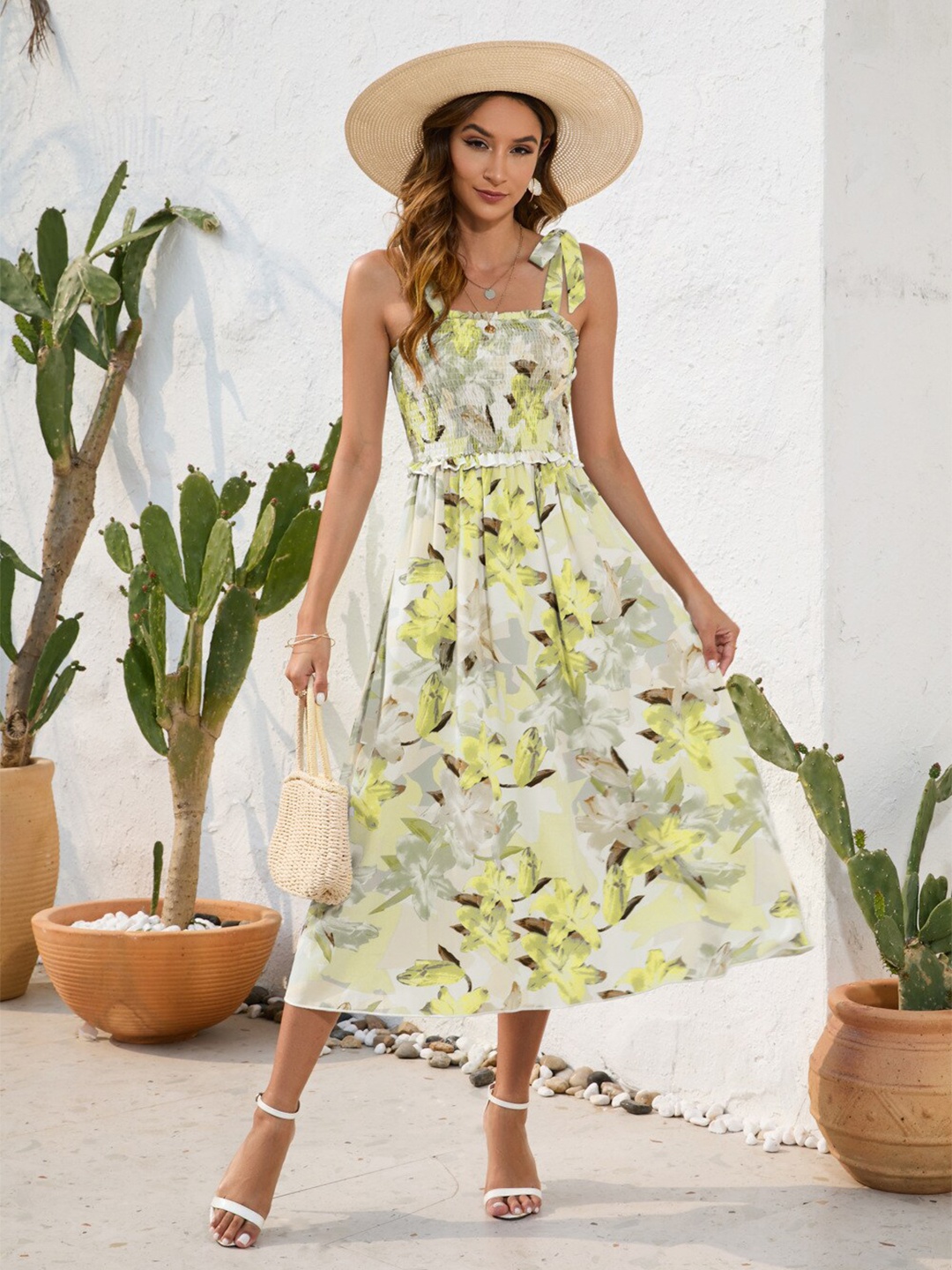 

StyleCast Yellow Floral Printed Shoulder Straps Fit & Flare Midi Dress