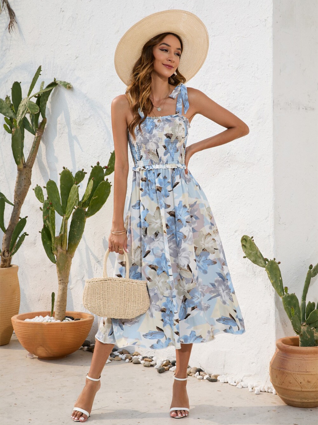 

StyleCast Blue Floral Printed Smocked Cotton Fit & Flare Midi Dress
