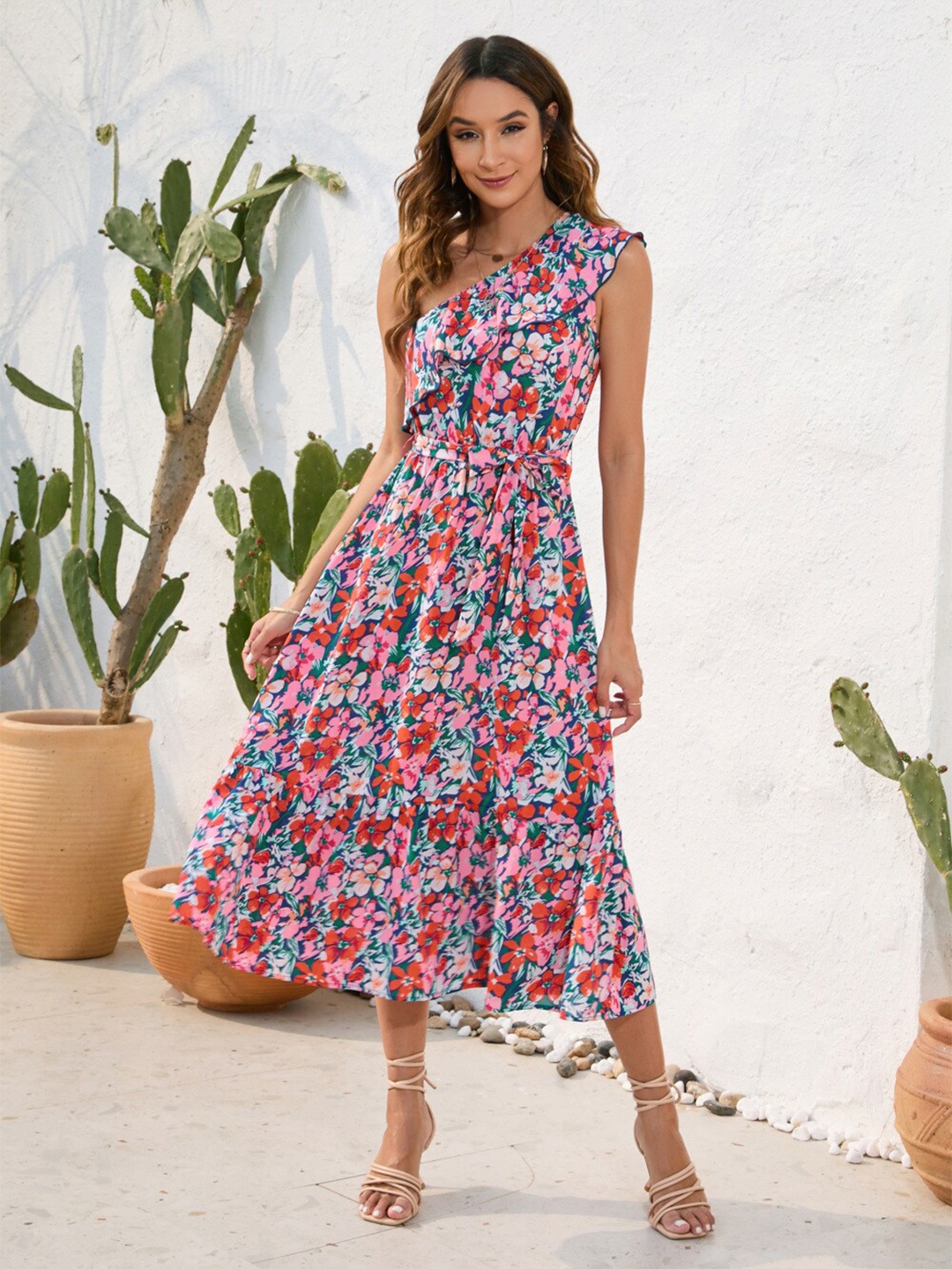 

StyleCast Pink Floral Printed One Shoulder Gathered Fit & Flare Midi Dress