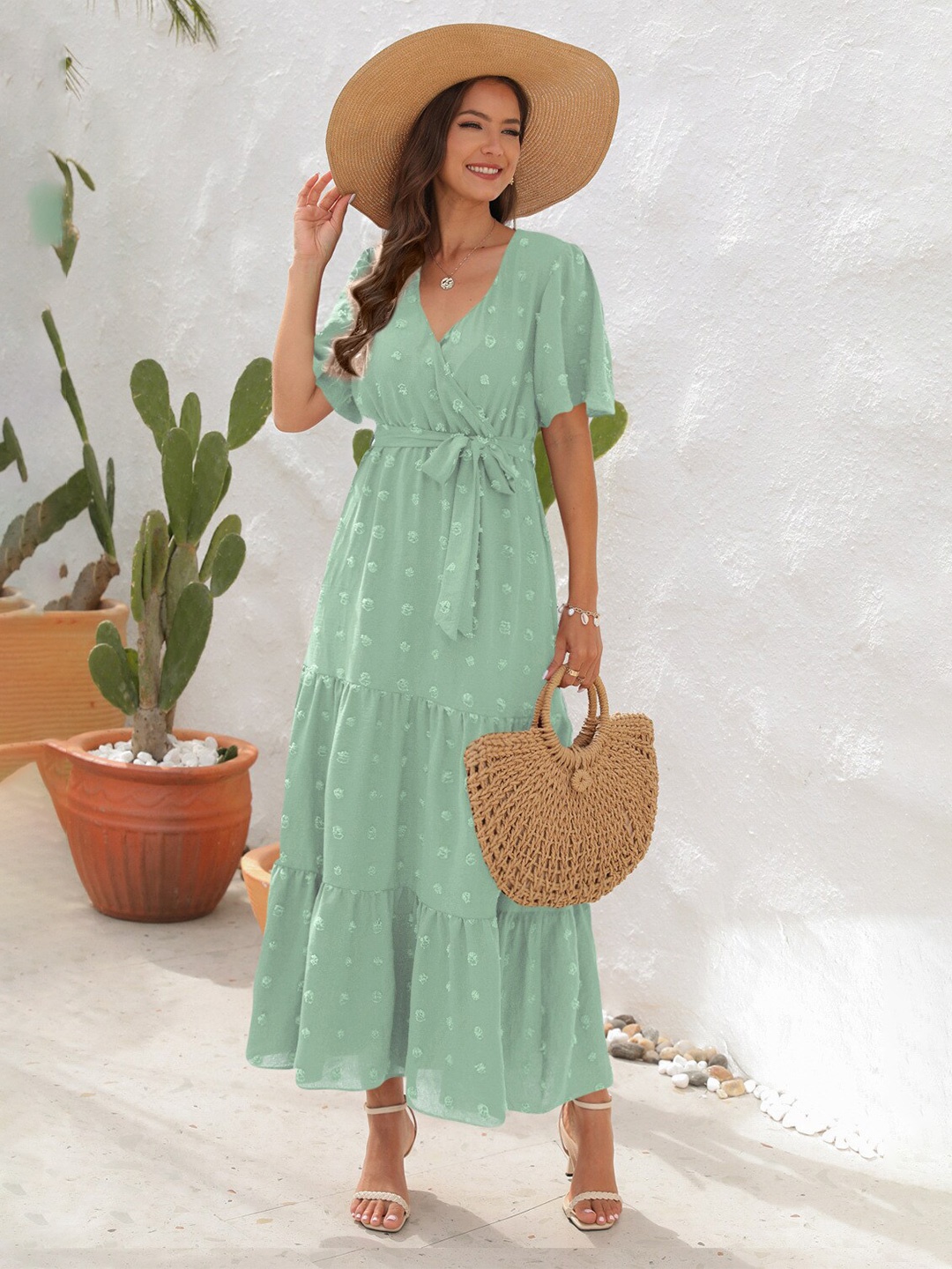 

StyleCast Green Self Design Tiered Flutter Sleeve Fit & Flare Dress