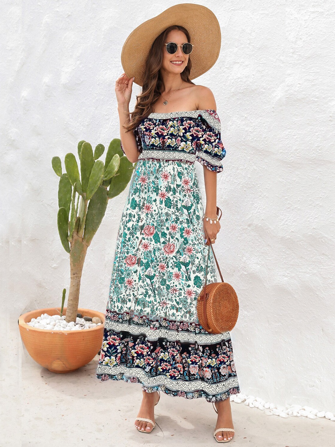 

StyleCast White Floral Printed Off-Shoulder Puffed Sleeves A-Line Maxi Dress