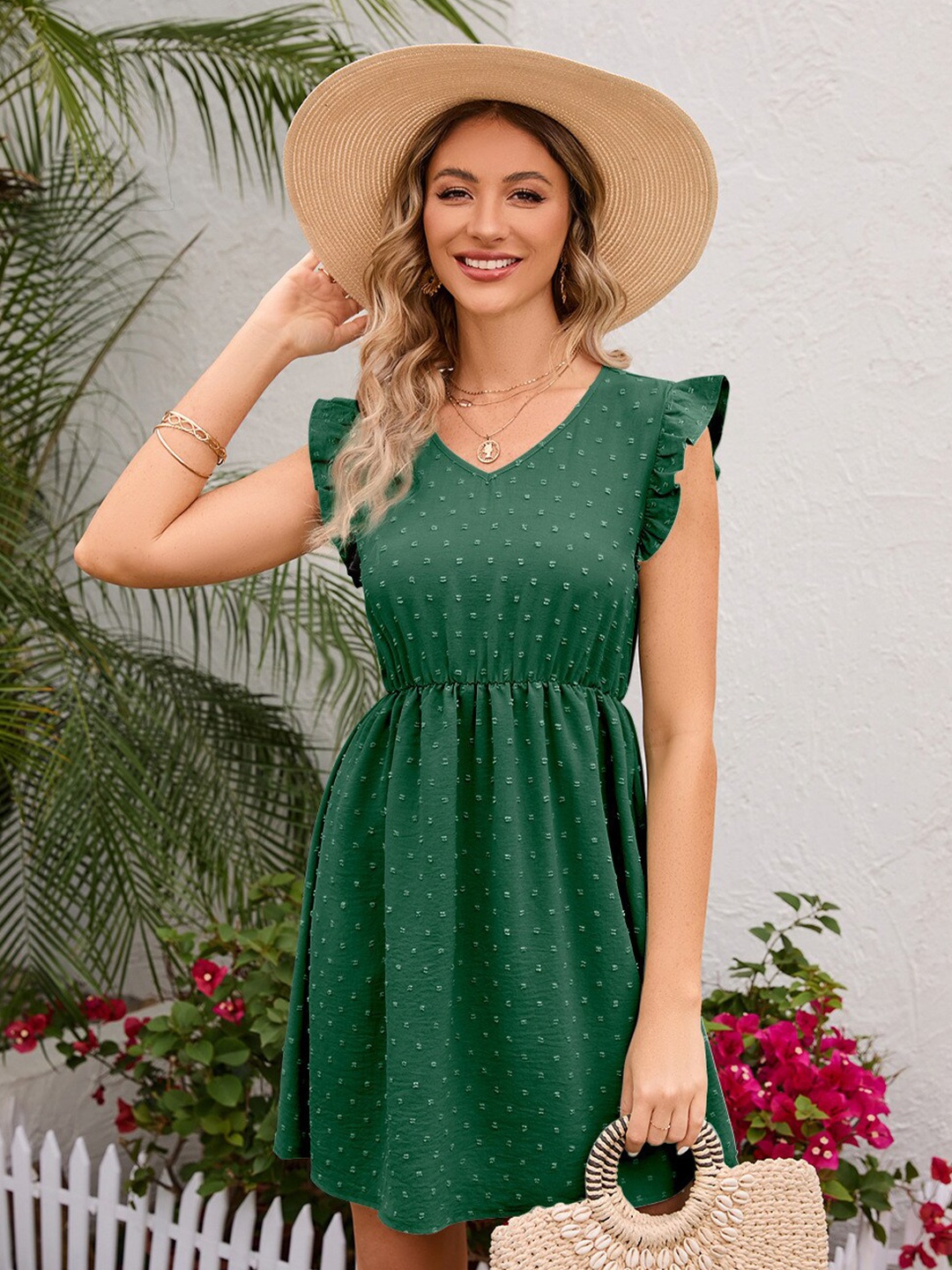 

StyleCast Green Self Design V Neck Flutter Sleeves Fit & Flare Dress