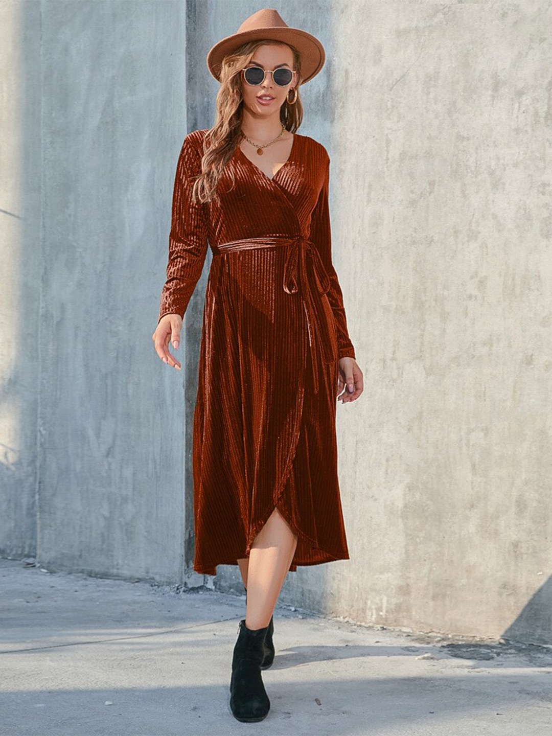 

StyleCast Brown Striped V-Neck Wrap Midi Dress