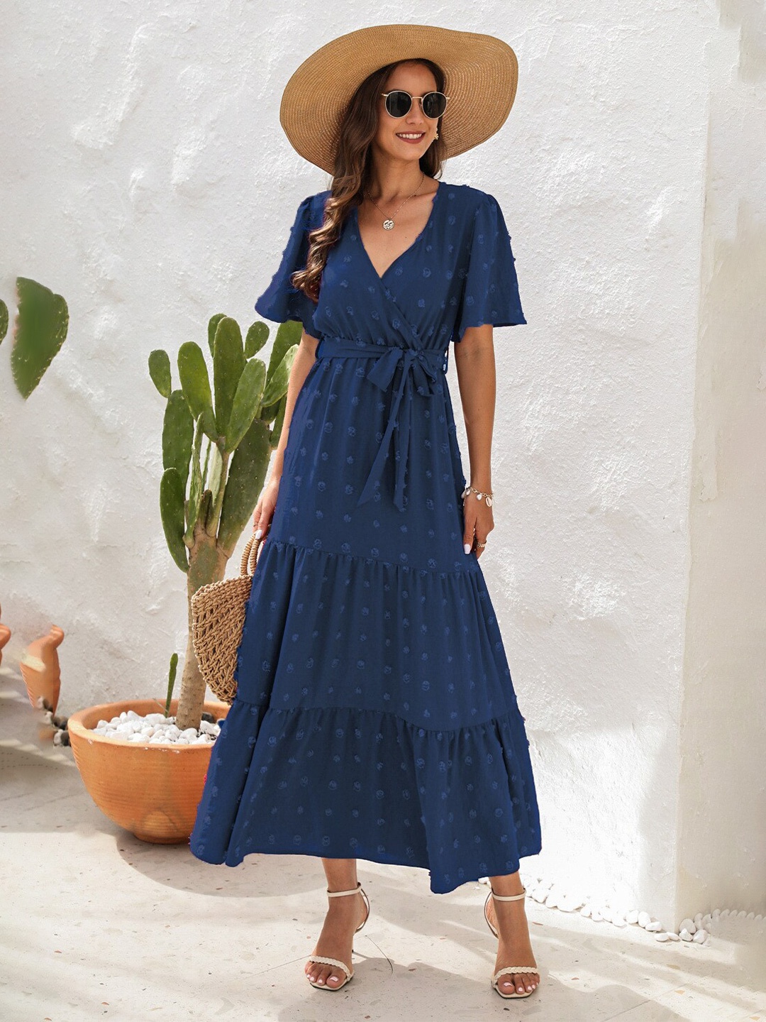 

StyleCast Navy Blue Self Design Tiered Flutter Sleeve Cotton A-line Dress