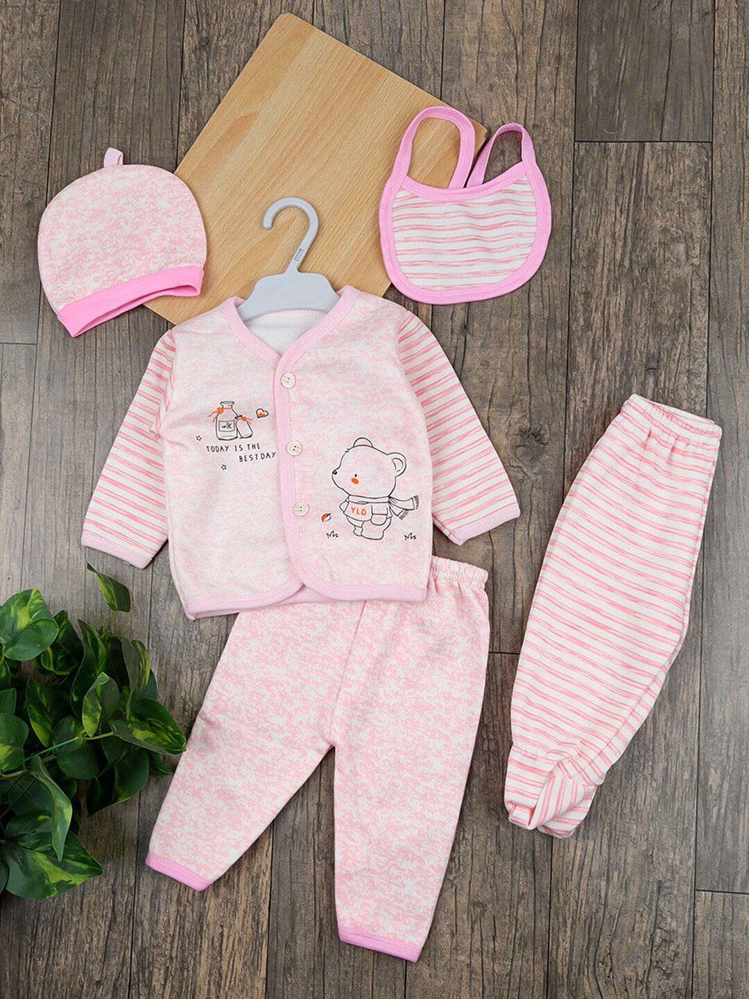 

Moms Home Infants 5-Pcs Striped Breathable Organic Cotton Baby Apparel Gift Set, Pink