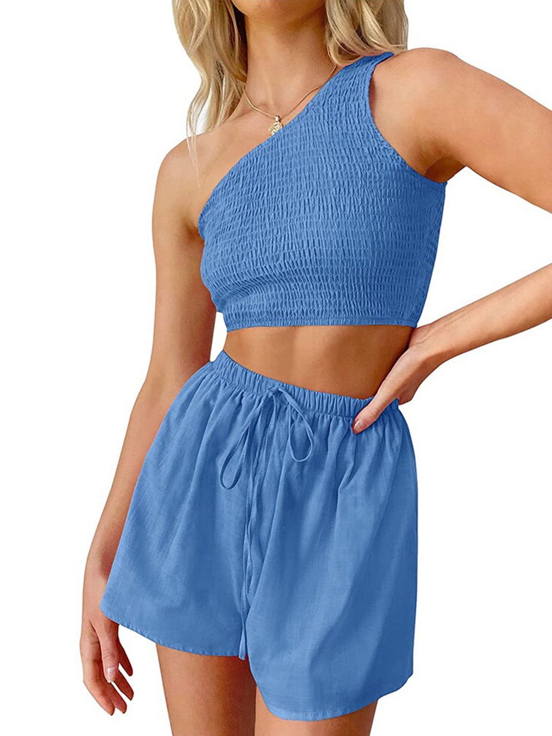 

StyleCast Blue One Shoulder Crop Top With Shorts