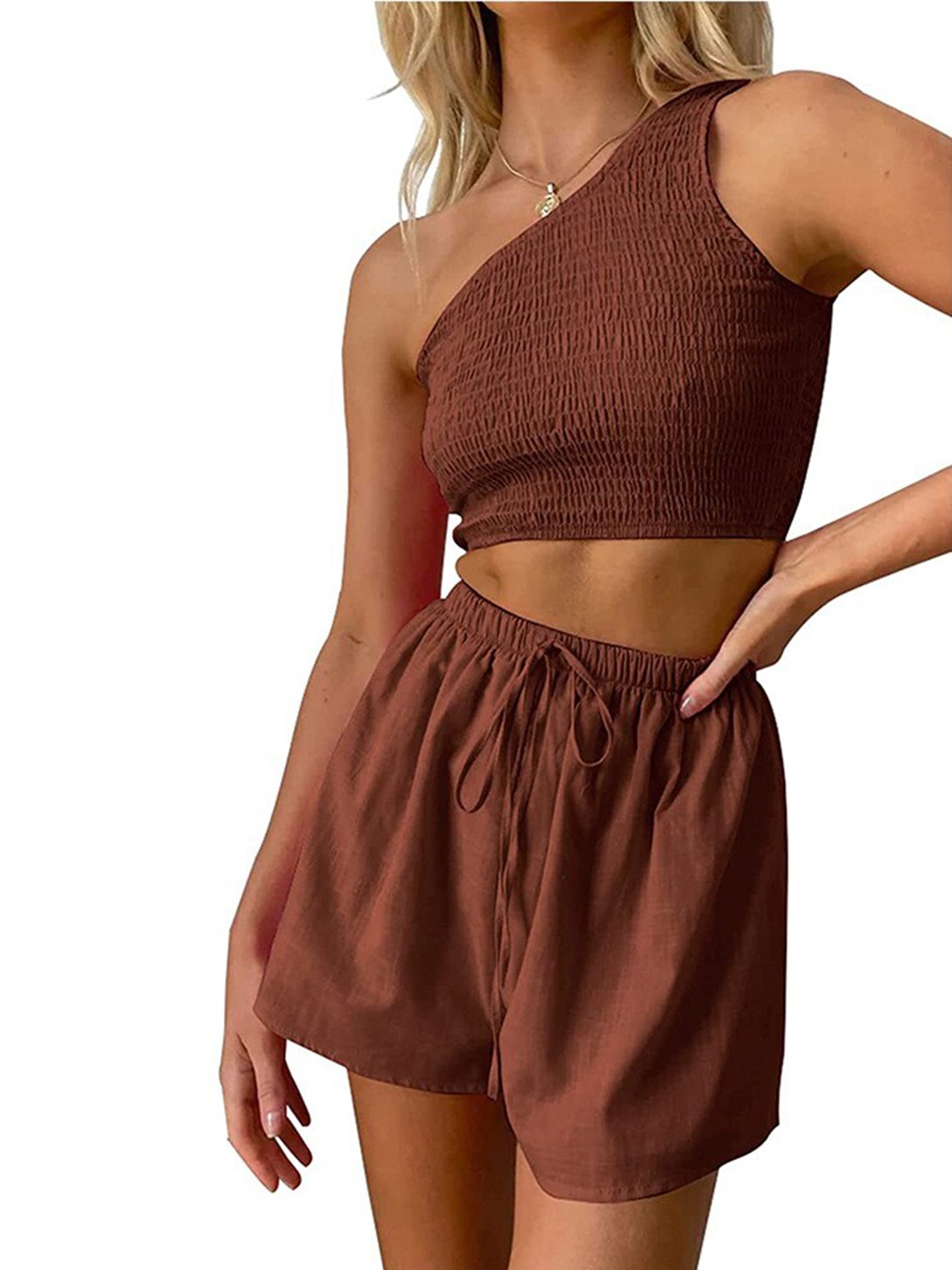 

StyleCast Brown Self Design One Shoulder Sleeveless Crop Top With Shorts Co-Ords