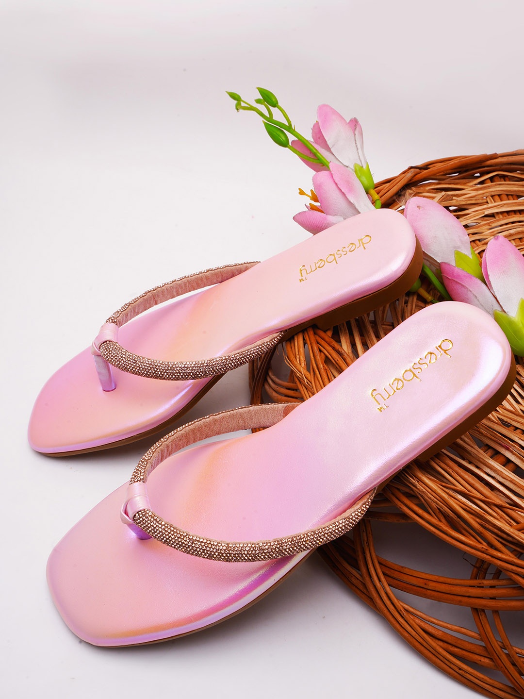 

DressBerry Pink Embellished Open Toe T-Strap Flats