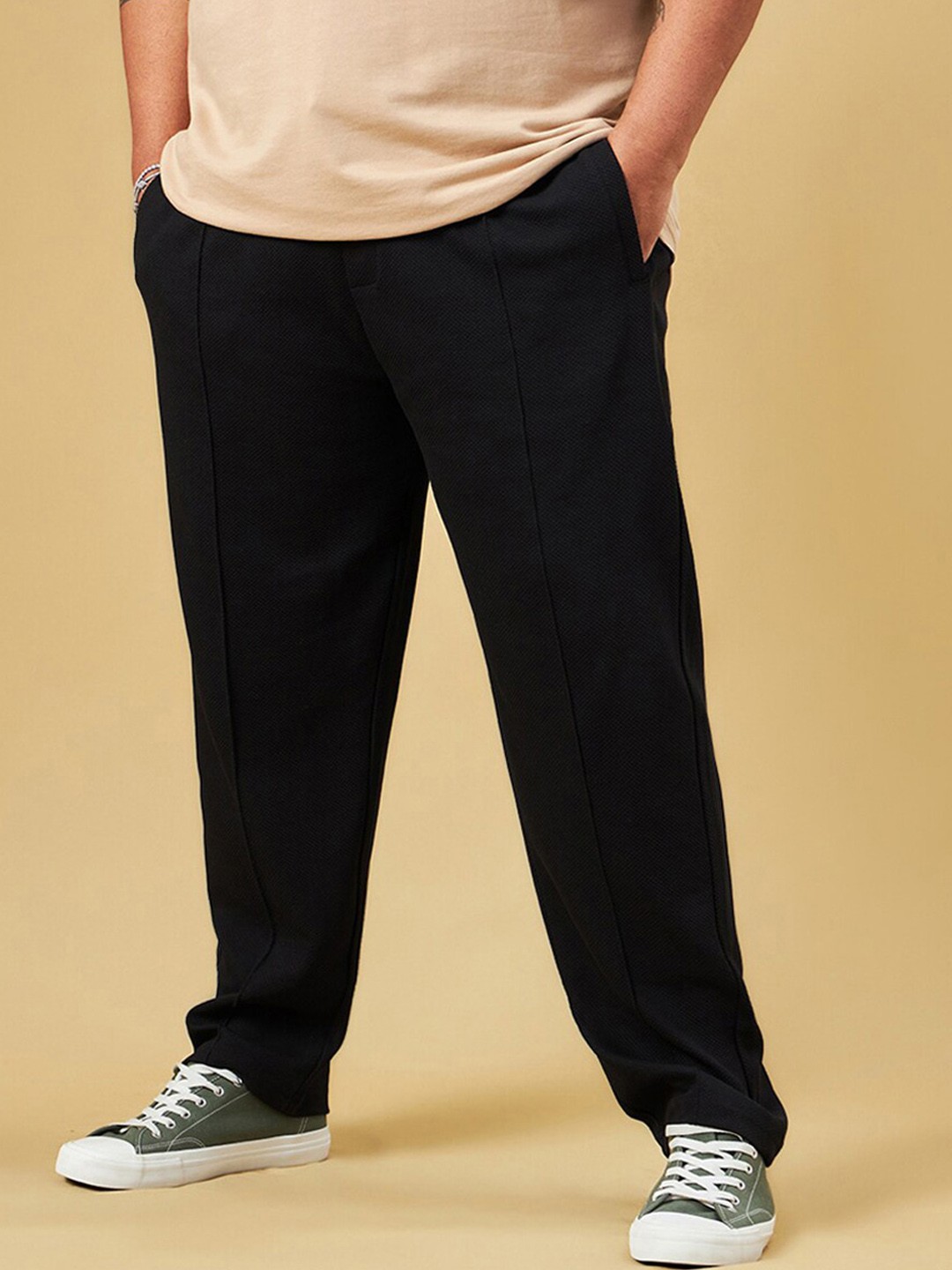 

Bewakoof Plus Size Men Mid-Rise Cotton Track Pants, Black