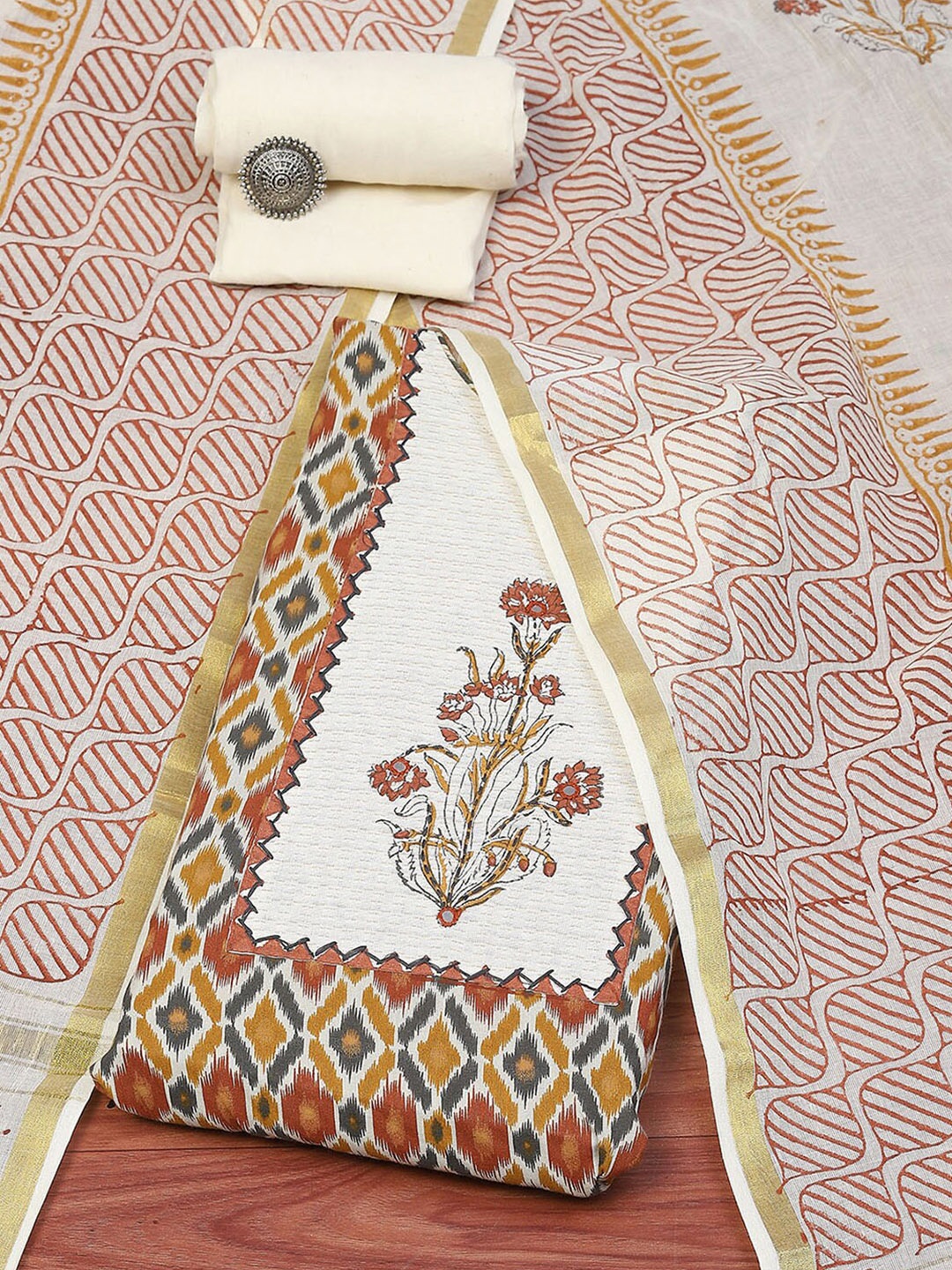 

Biba Ethnic Motif Unstitched Dress Material, Mustard