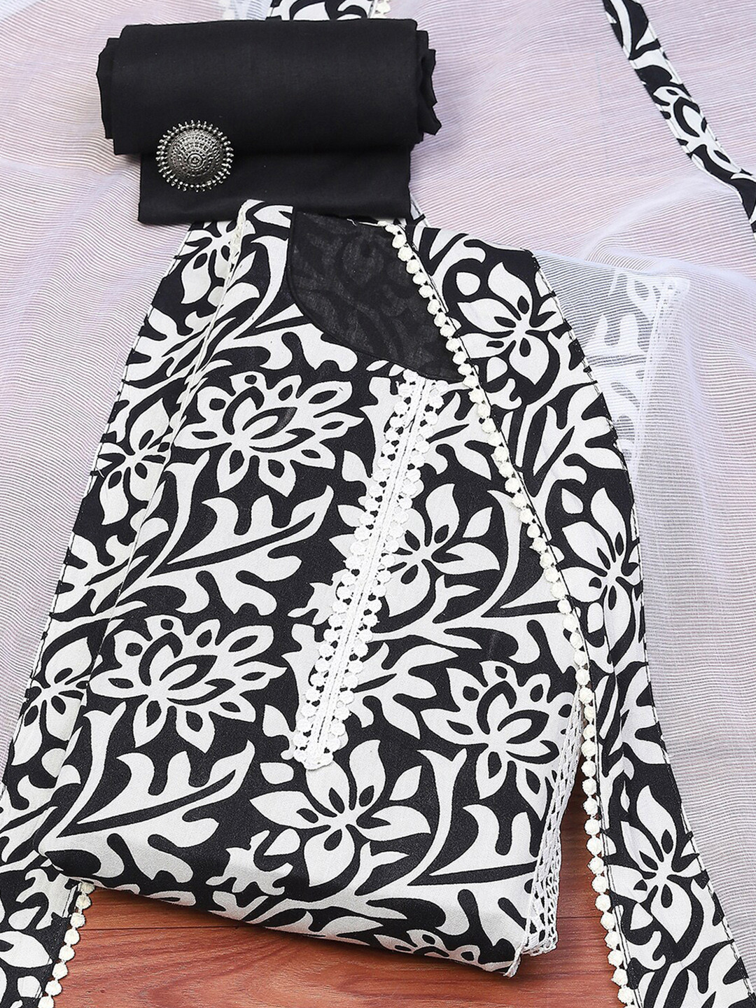 

Biba Floral Printed Lace Detail Unstitched Dress Material, White