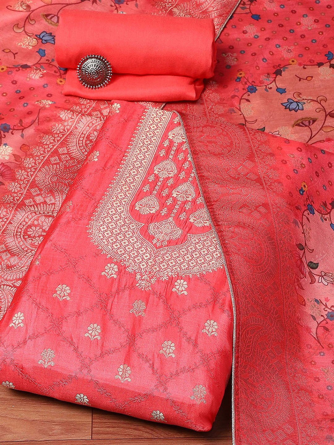 

Biba Ethnic Motifs Woven Design Zari Unstitched Dress Material, Pink