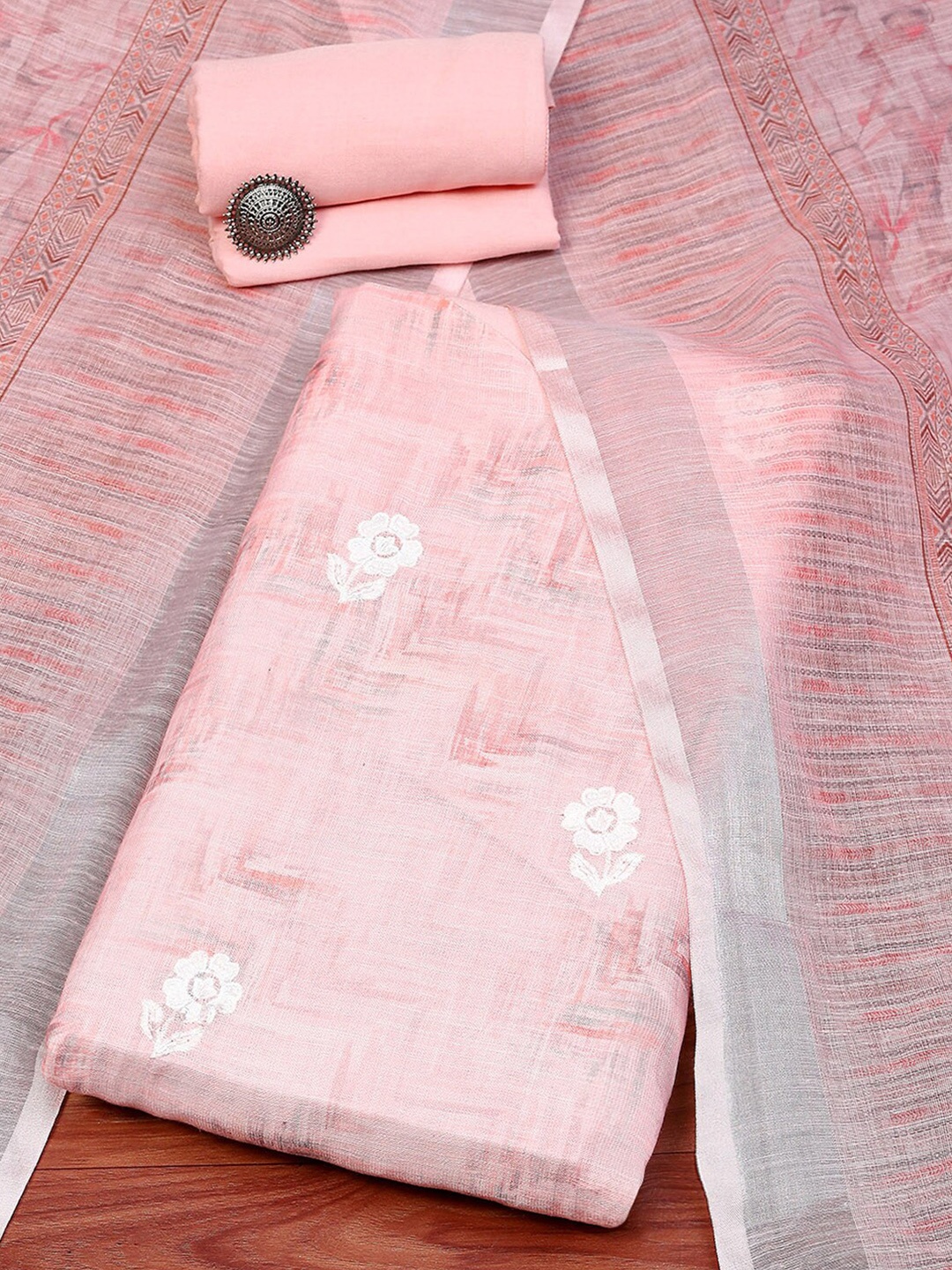 

Biba Floral Embroidered Linen Unstitched Dress Material, Pink