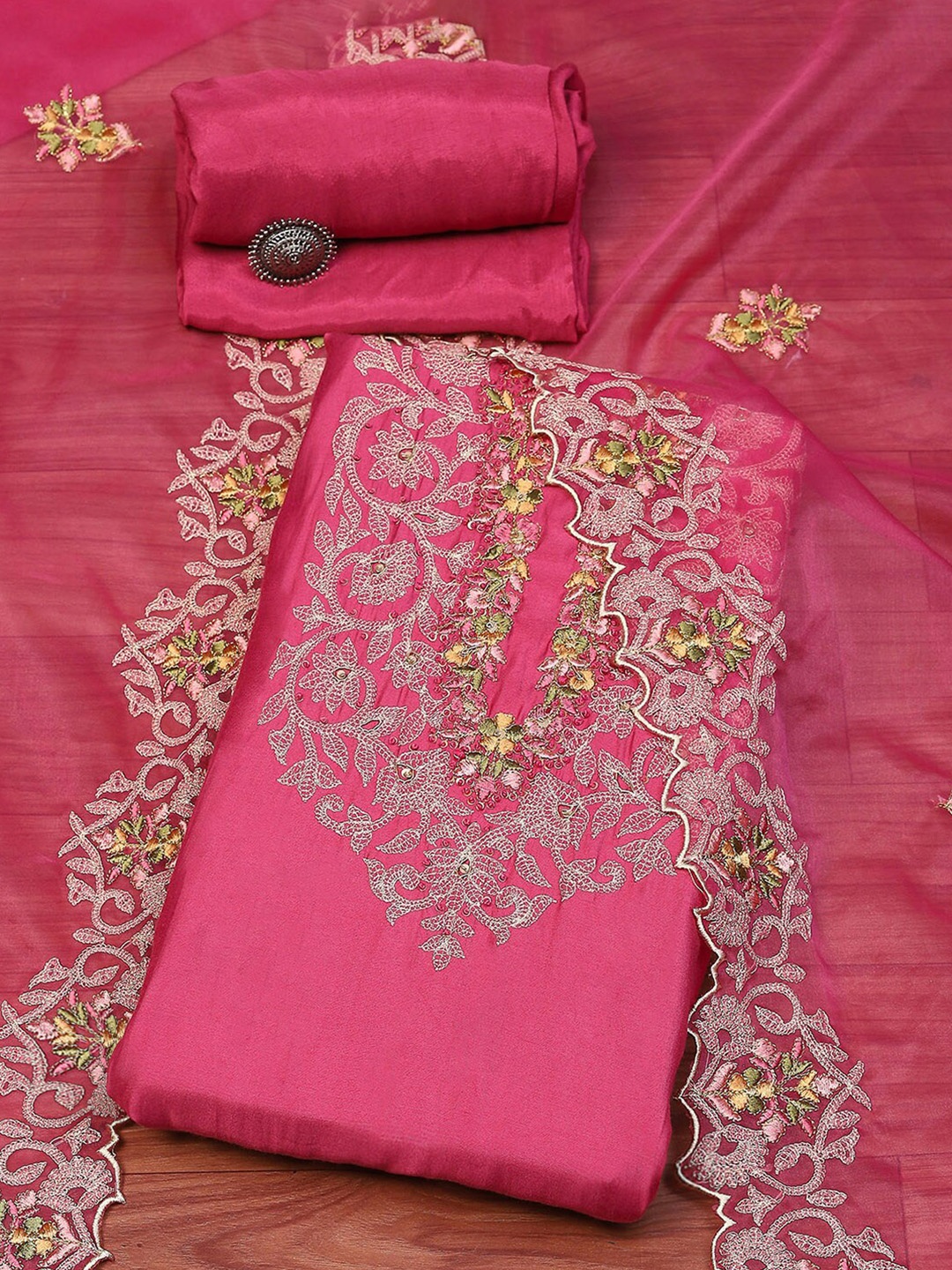 

Biba Floral Embroidered Sequinned Unstitched Dress Material, Pink