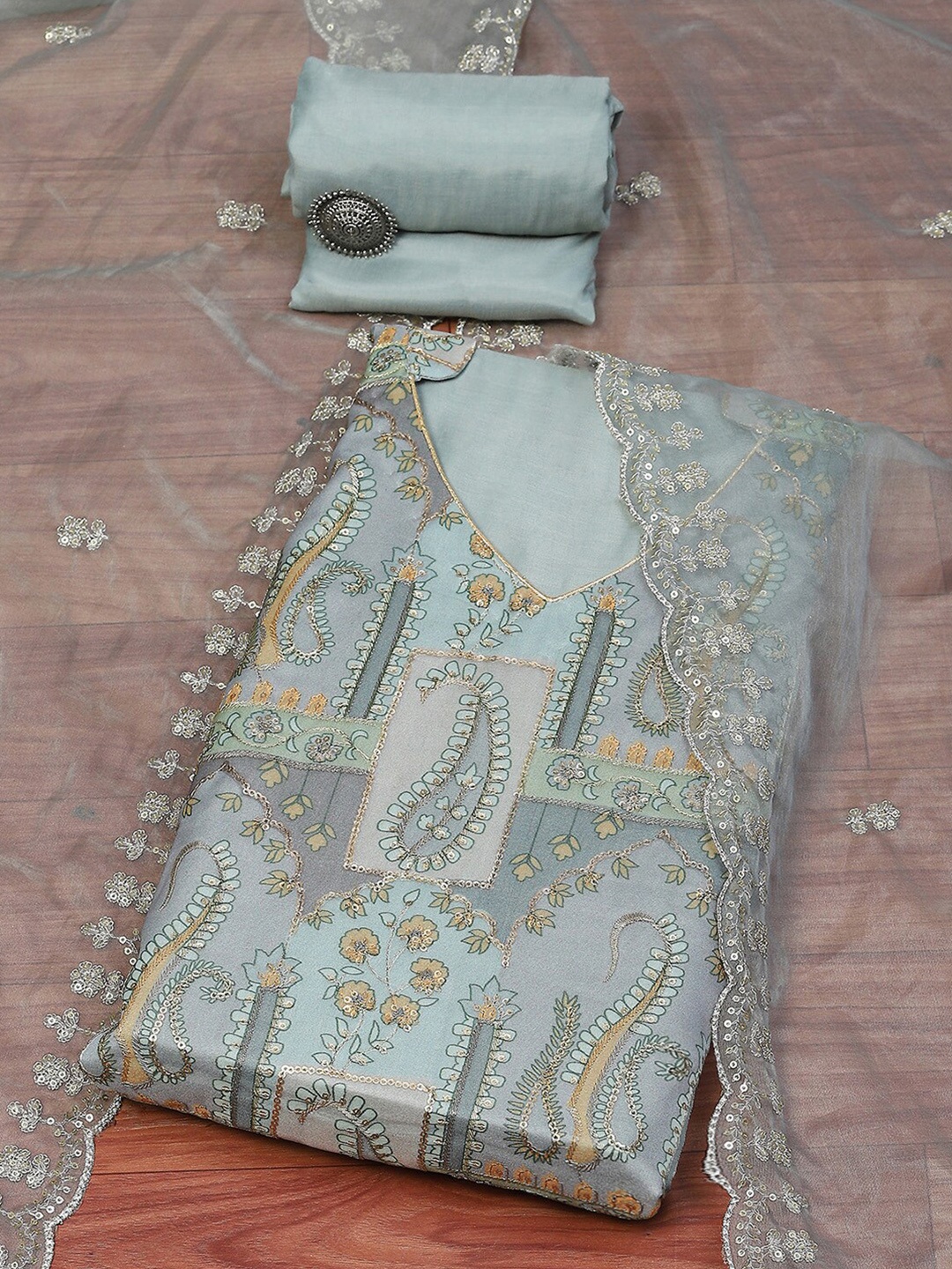 

Biba Ethnic Motifs Printed Organza Unstitched Dress Material, Grey