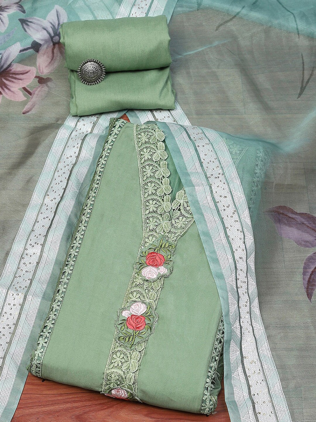 

Biba Floral Embroidered Unstitched Dress Material, Green