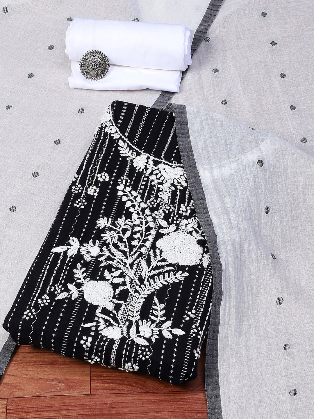 

Biba Floral Embroidered Unstitched Dress Material, Black