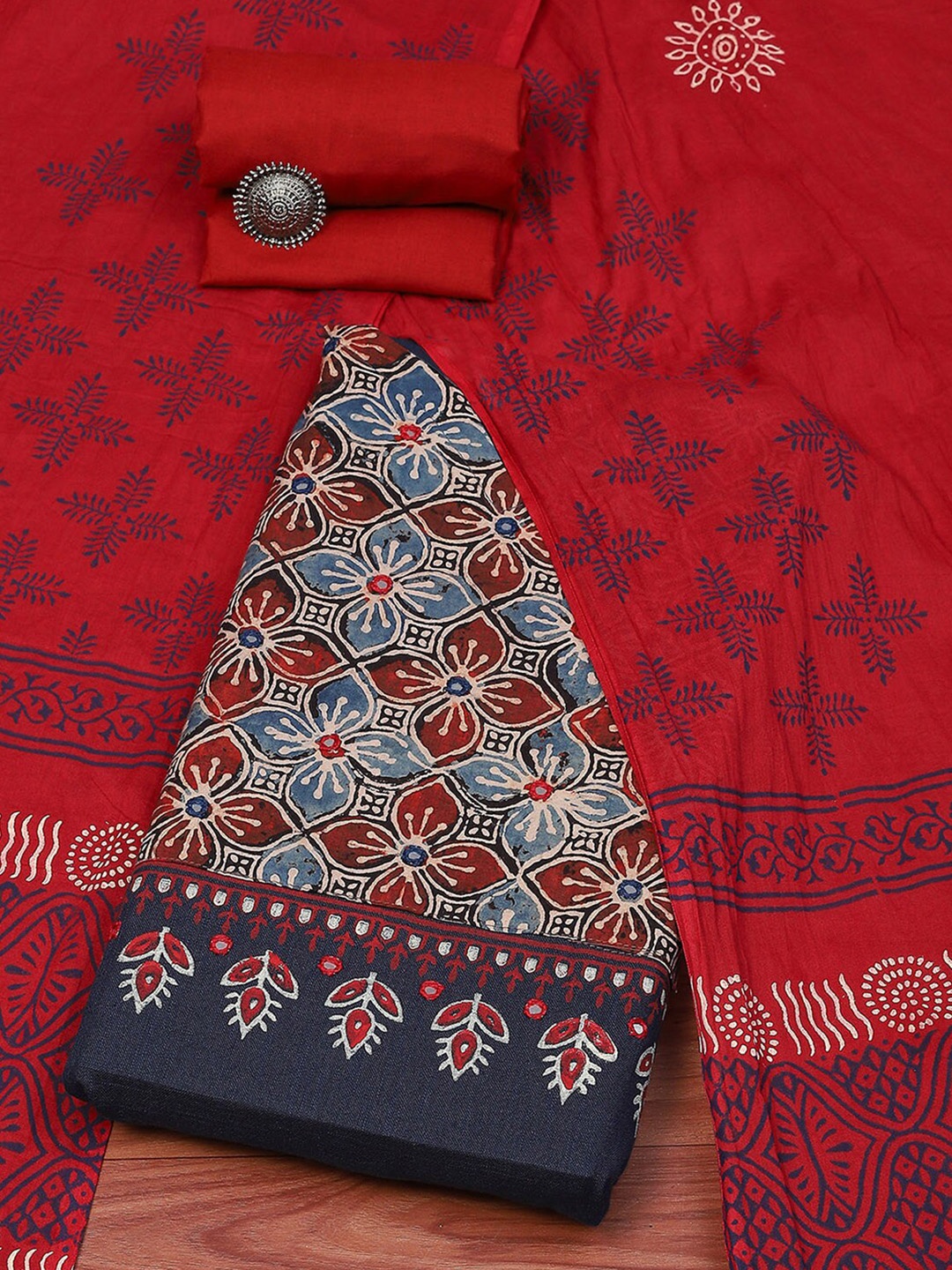 

Biba Ethnic Motifs Printed Mirror Work Unstitched Dress Material, Navy blue