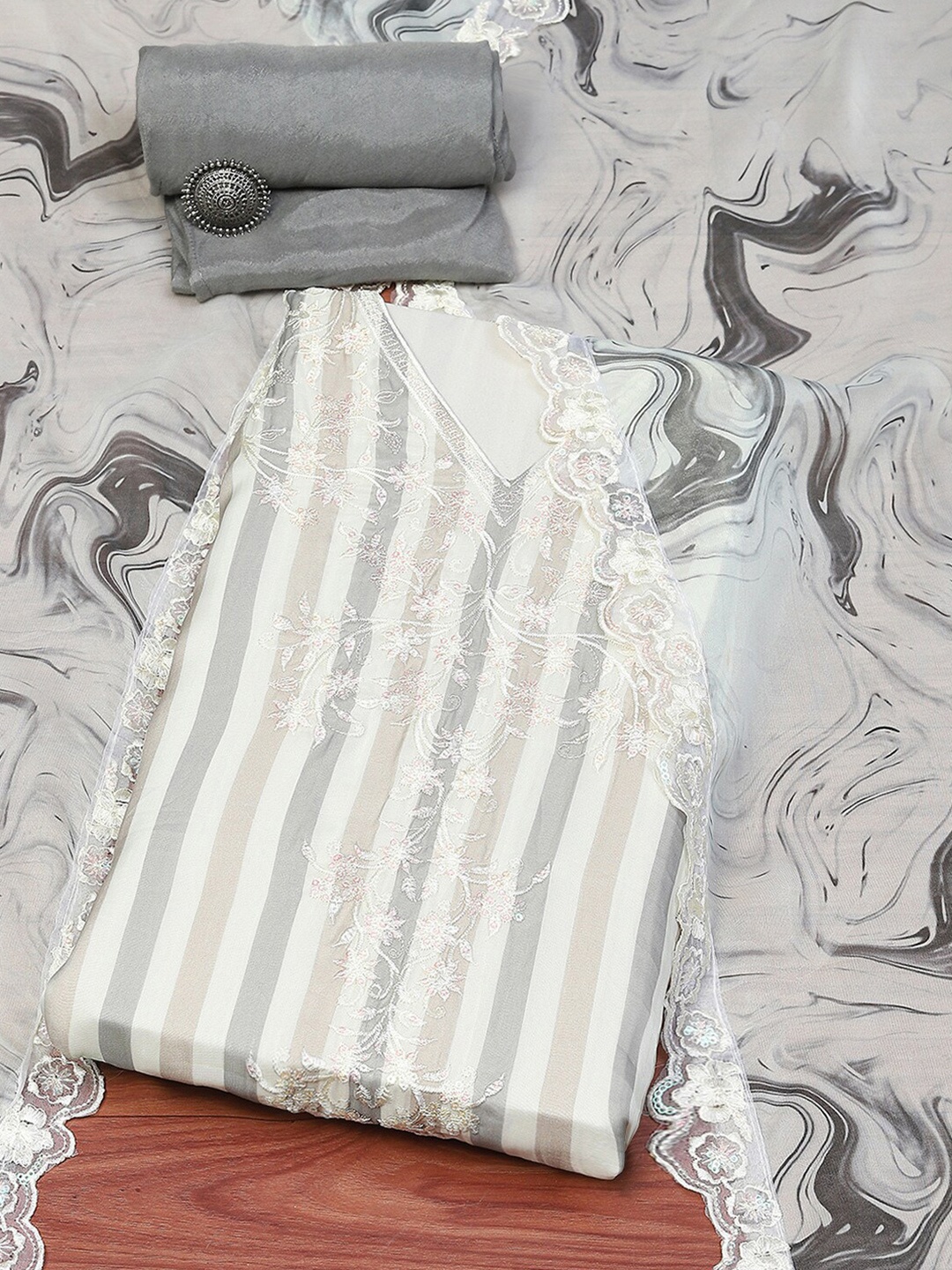 

Biba Striped Thread Work Organza Unstitched Dress Material, Grey