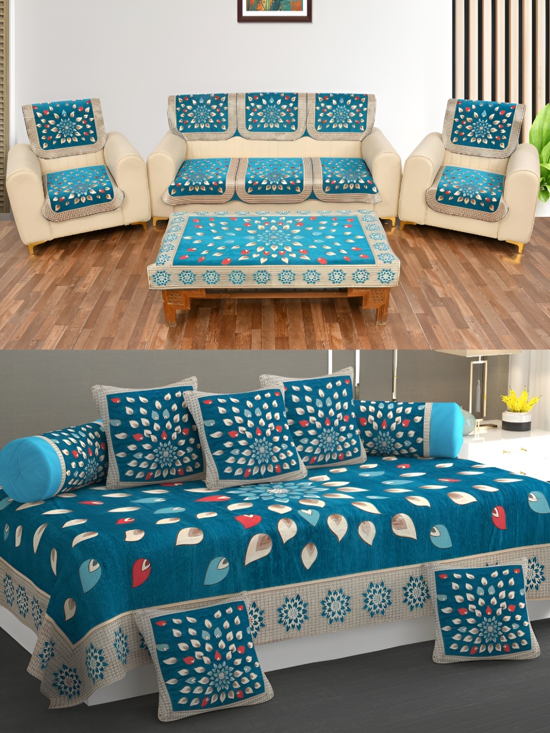 

MULTITEX Blue & Beige Printed Velvet Sofa Cover Set