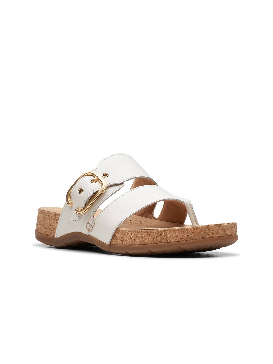 

Clarks Buckle Detailed Leather Open Toe Flats, Off white