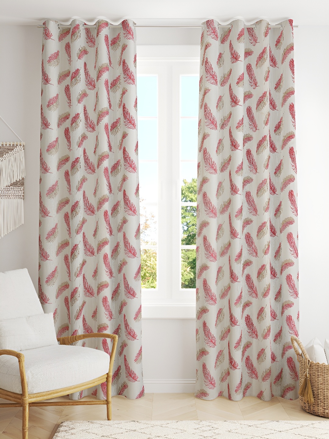 

stuffique Pink & Beige 2 Pieces Floral Printed Window Curtains