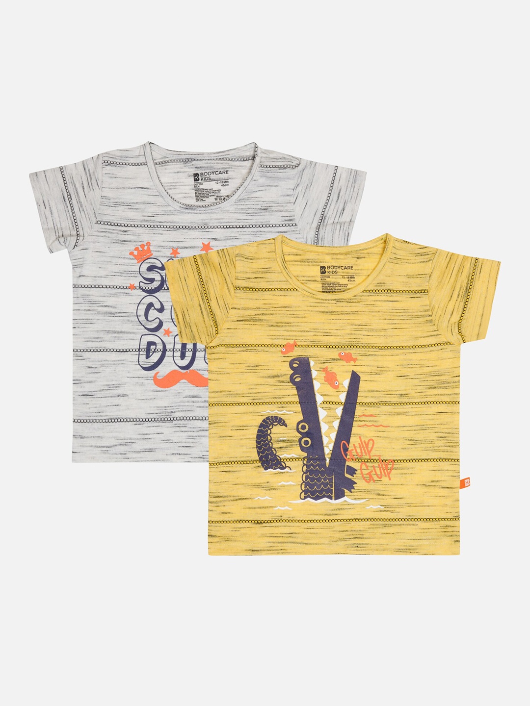 

Bodycare Boys Pack Of 2 Striped Cotton Round Neck Applique Casual T-shirts, Yellow
