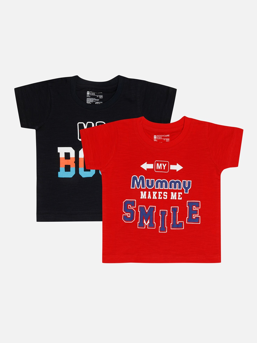 

Bodycare Boys Pack Of 2 Typography Printed Cotton Round Neck Applique Casual T-shirts, Black