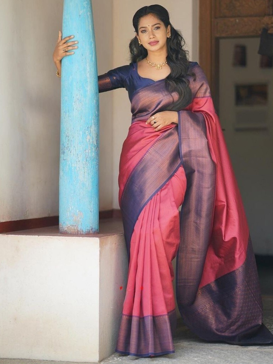 

KALINI Woven Design Zari Art Silk Saree, Peach