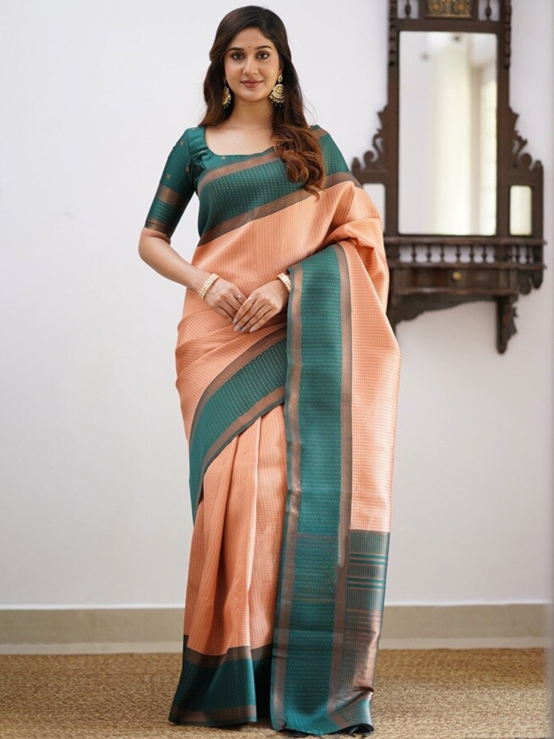 

KALINI Ethnic Motifs Woven Design Zari Saree, Peach