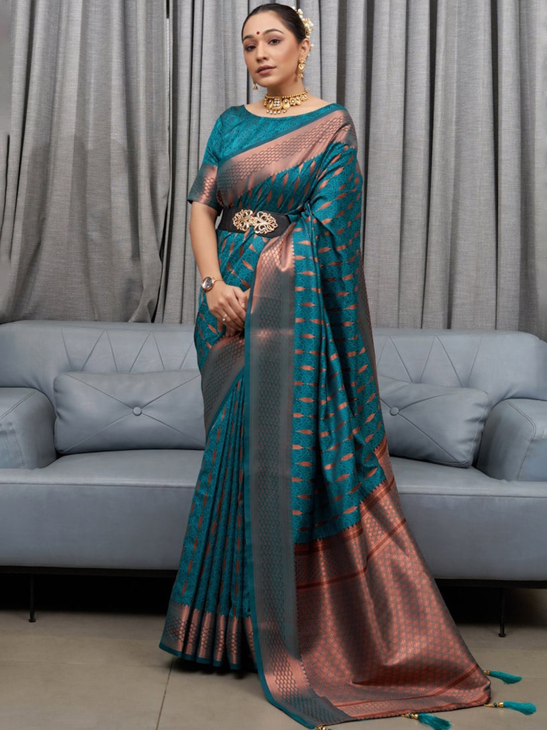 

KALINI Ethnic Motifs Woven Designed Zari Saree, Turquoise blue