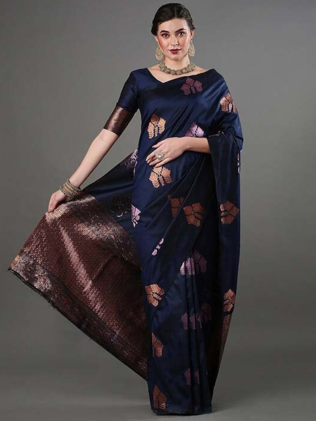 

KALINI Ethnic Motifs Zari Art Silk Saree, Navy blue