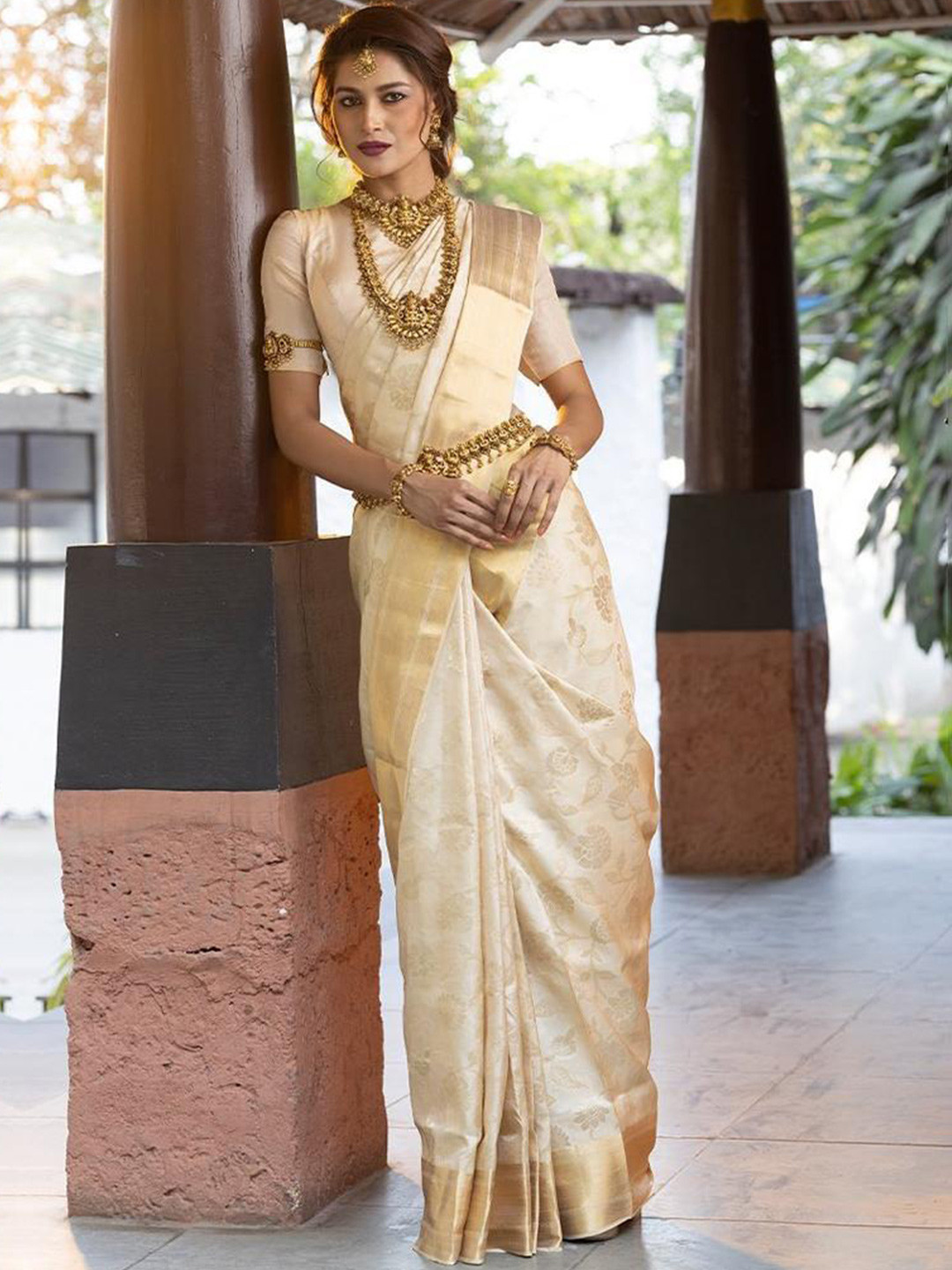 

KALINI Ethnic Motifs Woven Design Zari Art Silk Saree, Cream