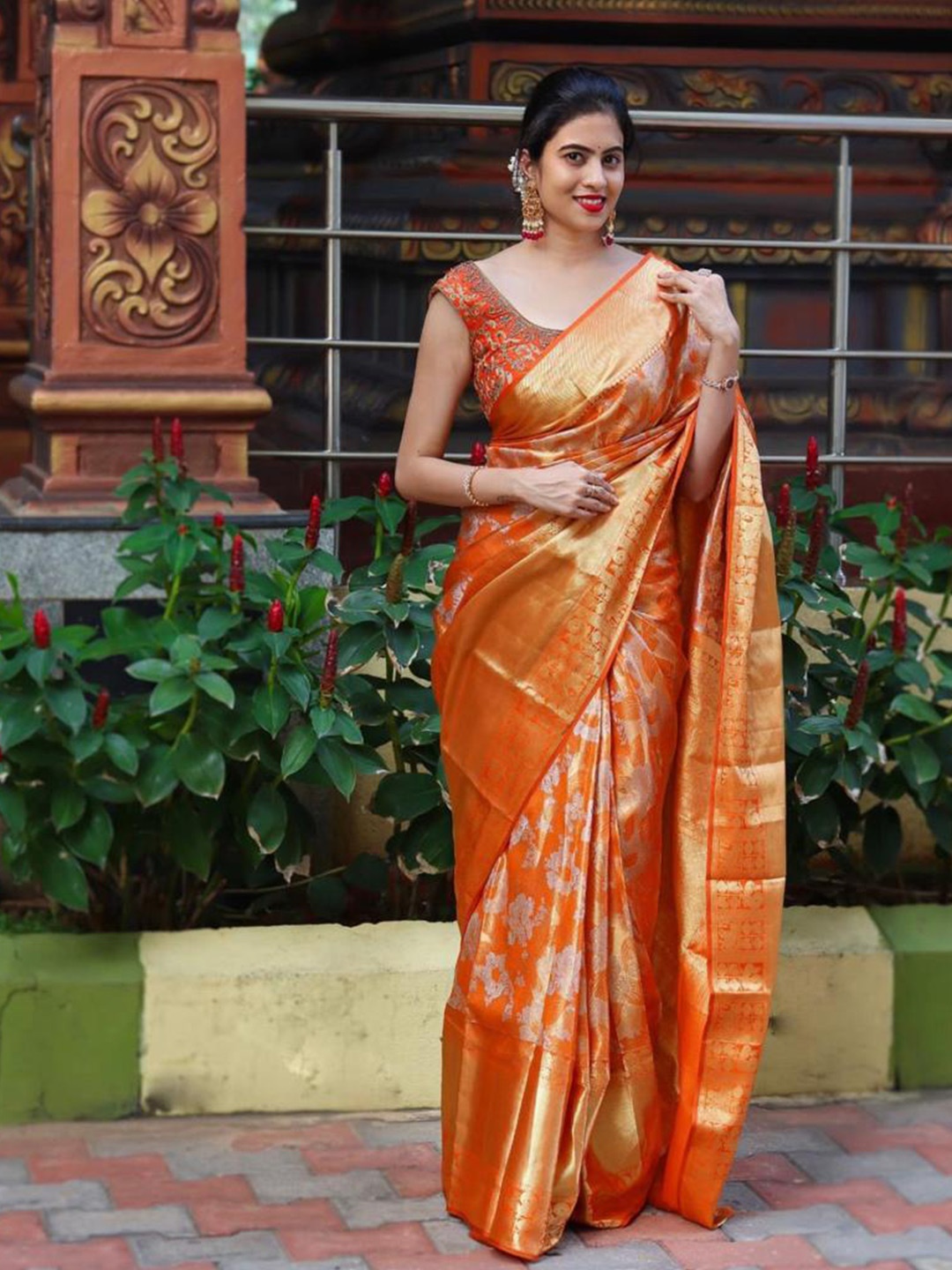 

KALINI Floral Woven Design Zari Saree, Orange