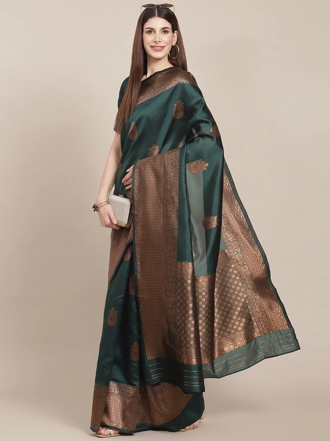

KALINI Ethnic Motifs Woven Design Zari Saree, Green