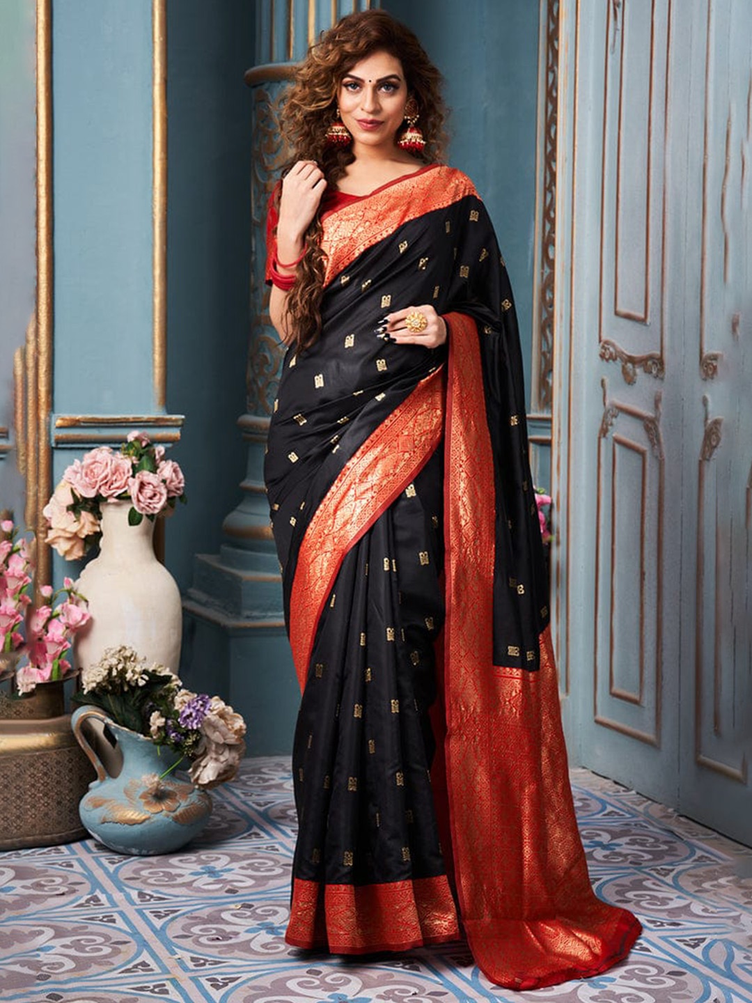 

KALINI Ethnic Motifs Zari Art Silk Saree, Black