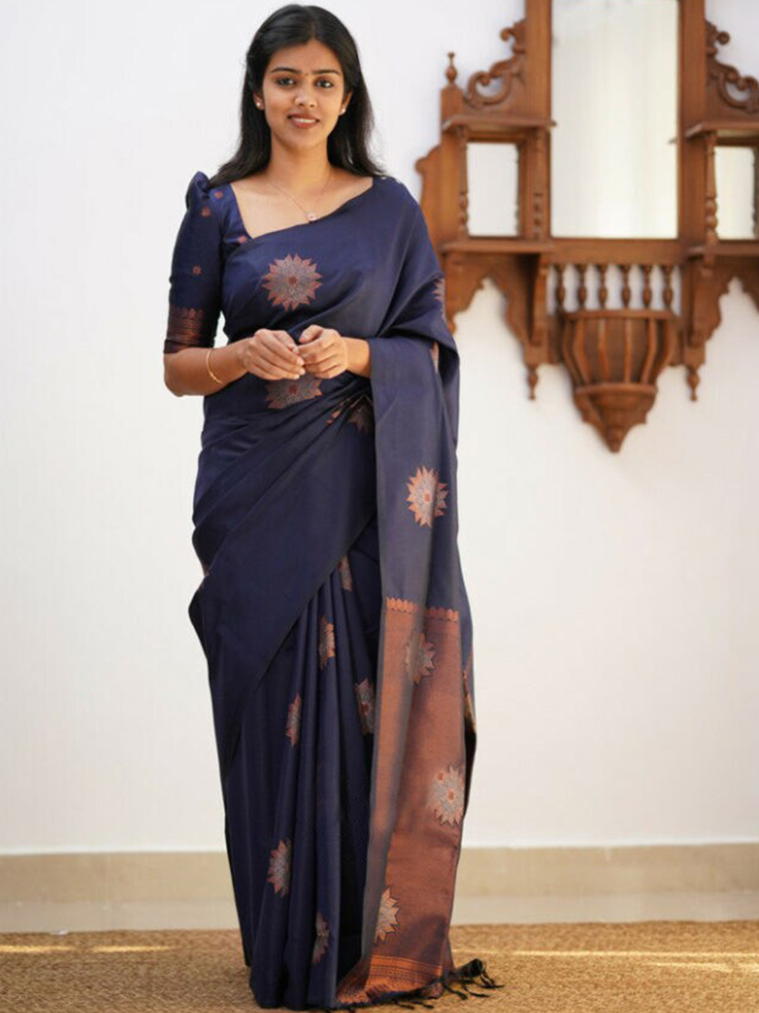 

KALINI Ethnic Motifs Zari Art Silk Saree, Navy blue