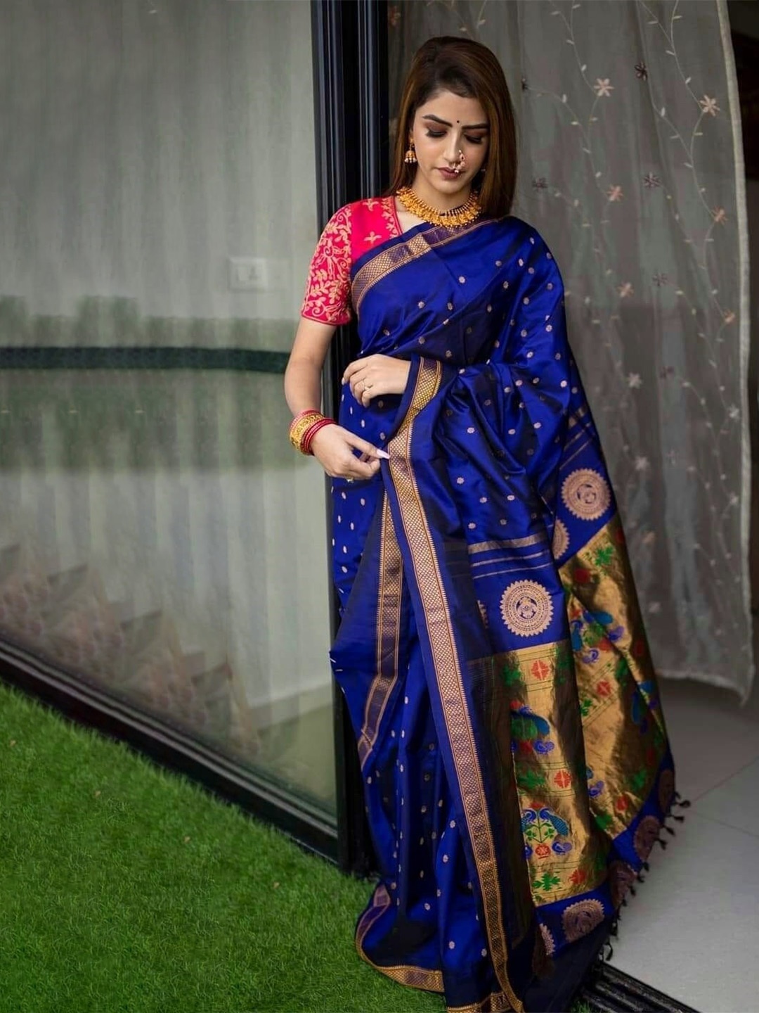 

KALINI Ethnic Motifs Woven Design Zari Saree, Blue