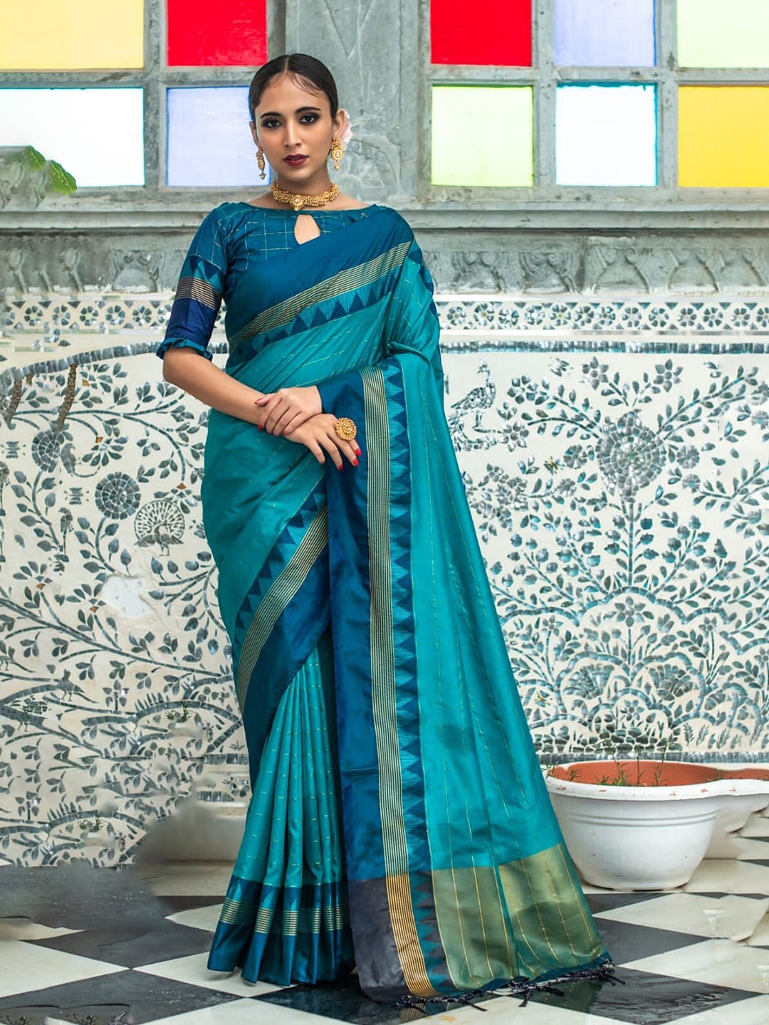 

KALINI Geometric Woven Design Zari Art Silk Saree, Blue